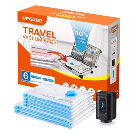 UPGOGO - Bolsas al vacío para viaje con bomba eléctrica portátil para equipaje, artículos esenciales de viaje, de sellado al vacío para ropa, almacenamiento para ahorrar espacio (combo paquete de 6)