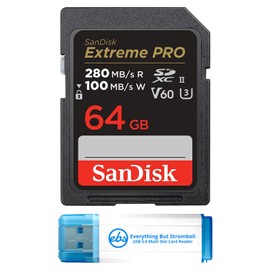 SanDisk 64GB SD Extreme Pro UHS-II Memory Card Works with Canon EOS R5, EOS R6 Mark II, EOS R6 Mirrorless Camera (SDSDXEP-064G-GN4IN) Bundle with 1 Everything But Stromboli 3.0 Micro & SD Card Reader