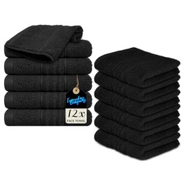 EDB 12 Piece Cotton Washcloths Set (500 GSM) Flannel Face Cloths (30cm x 30cm) Highly Absorbent Fingertip Towels 100% Soft Cotton Hotel Quality (Black, 12)