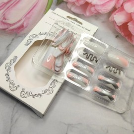 Smudged Pink Press on Nails Long Coffin Glue on Nails Silver Flame Chain Decoration Fake Nails Snake Nail Charms Rhinestones False Nails Glossy Full Cover Stick on Nails for Women Manicure Tips 24Pcs