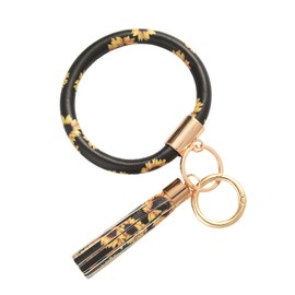 Coolcos Key Ring Bracelets Wristlet Keychain Bangle Keyring - Large Circle Leather Tassel Bracelet Holder For Women Gift (Sunflower Upgrade)