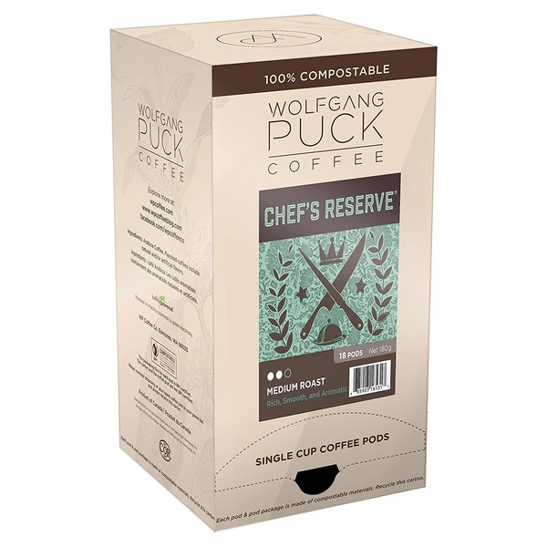 Wolfgang Puck Soft Coffee Pods, Chef's Reserve Gram Coffee, 9.5 Gram, 6 x 18 Count