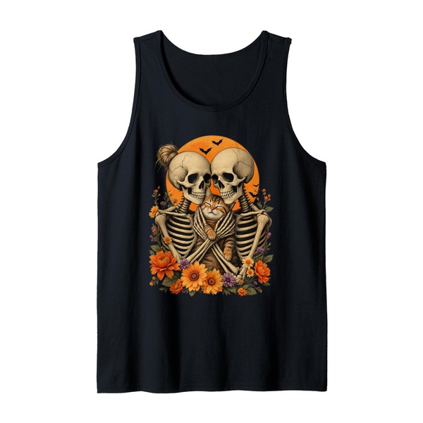 Skeleton Hugging Cat Floral Halloween Cat Lover Mom Costume Tank