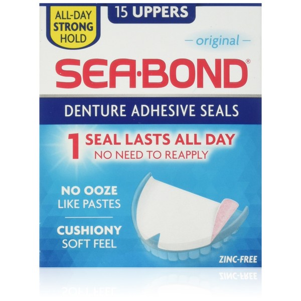 Sea Bond Secure Denture Adhesive Seals Original Uppers, Zinc Free, All Day Hold, Mess Free, 15 Count