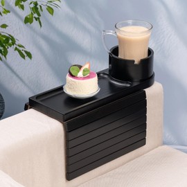 Couch Cup Holder Tray for Armrests Over 4.9" Wide, Bamboo Couch Arm Tray with 360° Rotating Phone Stand, 3 in 1 Foldable Sofa Arm Tray Table for Remote, Snacks, Phone, Drinks Black