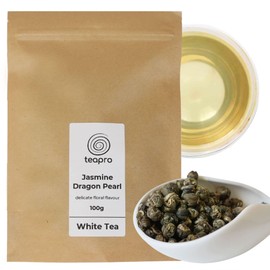 Teapro Jasmine Dragon Pearl White Tea 100g | Premium Phoenix Eye White Loose Leaf Tea | Chinese Tea 100% Natural Floral Scented Hand Rolled | Soothing & Relaxing Jasmine Tea Pearls