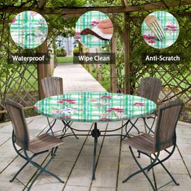 Britown Green Plaid Round Fitted Tablecloth with Elastic Edge, Flower Vintage Leaf Floral Waterproof Table Cover, Indoor Outdoor Table Cloth for Kitchen Dinner, Outdoor, Picnic, 45''-54''