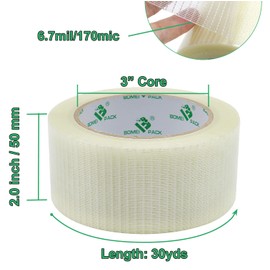 BOMEI PACK Transparent Bi-Directional Filament Strapping Tape, 6.7 Mil x 2 Inch x 30yds, Fiberglass Reinforced Tape