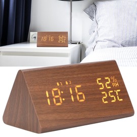 Wooden Digital Alarm Clock, LED Clock Electric Clock LCD Digital Clock Wooden Clock with Voice Control for Bedroom, Bedside, Humidity Temperature Display, Adjustable Volume
