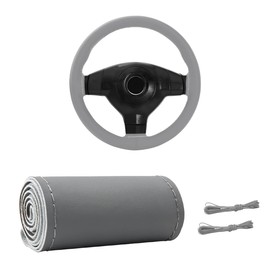 Gasedin Genuine Leather Steering Wheel Cover, Stitch On Wrap for Steering Wheel up to Diameter 15 Inches, DIY Sewing Steering Wheel Protector, Car Accessories (Gray, Glossy)