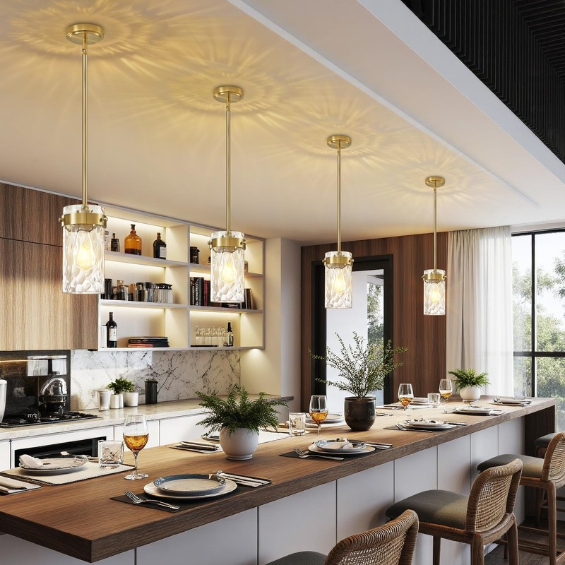 Brushed Gold Pendant Lights for Kitchen Island 4.72" Hammered Glass