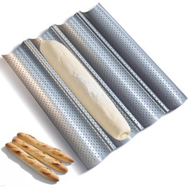 RUHUHUR 38x33CM Baguette Baking Tray French Bread Pan for 4 Baguettes with Non-Stick Coating,Silver Grooves Waves French Thickened Perforated Multi Slot Pan for Oven Baking Baguette Mould Accessories