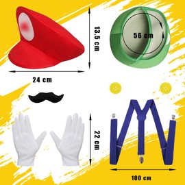 Luckeey Luckeey Mario Luigi Kostüm Accessories, Mütze Hut Handschuhe Bart Gelbe Knöpfe Y-Back Hosenträger Kostüm für Verkleidung Fasching Karneval Kostüm Cosplay für Kinder Damen Herren