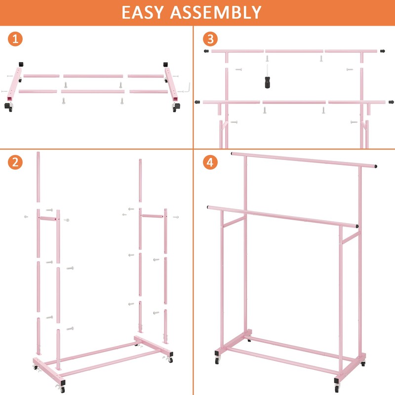 Calmootey Double Rod Clothing Garment Rack,Rolling Hanging Clothes Rack,Portable Clothes