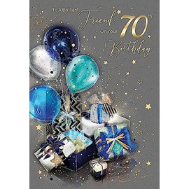 Cherry Orchard Friend 70th Happy Birthday Card with Presents and Balloons Design with Gold Foil Detailing and Gold Envelope from