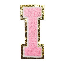Zogify Iron on Letter Patches Gold Glitters & Pink Chenill,3 PCS Varsity Initial Patches,Adhesive Sticker Letter Patch for Team Costume Decoration 3.1in Height I