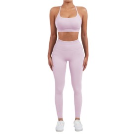 SUUKSESS Women Seamless 2 piece Workout Sets Strappy Padded Sports Bra Booty High Waisted Leggings Outfits (Baby Pink,S)