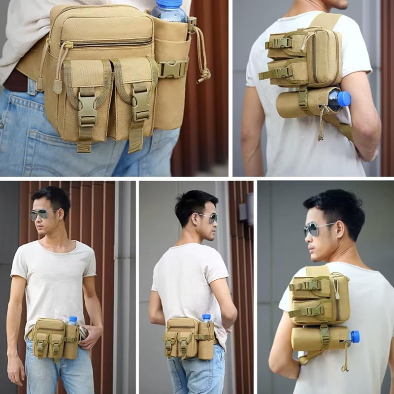 Mochila Cangurera Táctica Militar Caqui para Cintura con Porta Botella,