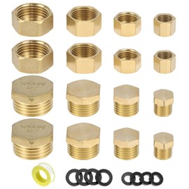 QWORK Pack of 16 Brass Blanking Plugs Water Pipe 1/8 1/4 1/2 3/8 Inch, Internal and External Thread, with Rubber Rings and Water Stop