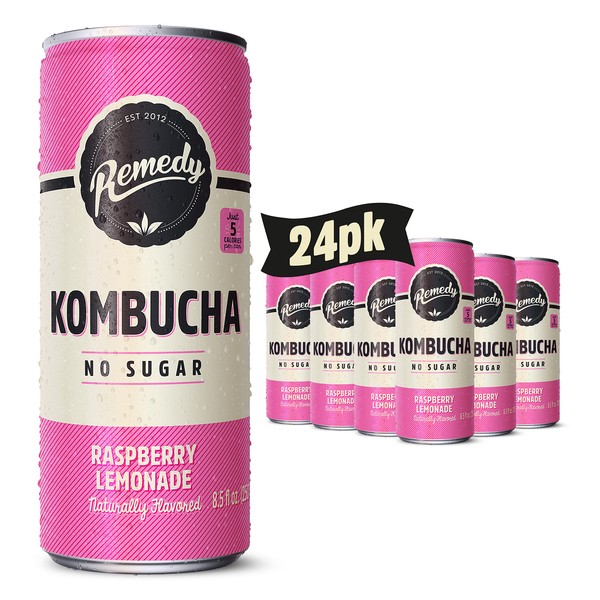 Remedy Kombucha Tea Organic Drink - Sugar Free, Keto, Vegan & Gluten Free - Sparkling Live Cultured, Small Batch Brewed Beverage - Raspberry Lemonade - 8.5 Fl Oz Can, 24-Pack