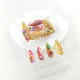 Colorful Press on Nails Medium Almond Glue on Nails with Flower Gradient Pattern Dots Design Yellow Almond Fake Nails Medium Nails Press ons Glossy Acrylic Artificial False Nails for Girls 24Pcs