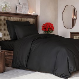 3-Piece King Size Bedding Duvet Quilt Cover Set with 2 Pillowcases - Hotel Quality - Cooling, Wrinkle-Free, Machine Washable with Zipper & Corner Ties - Super Soft Microfibre-Polyester - Black
