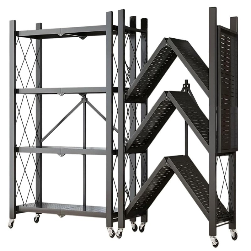 4-Tier Foldable Metal Storage Shelf with Wheels, 28.15" W x