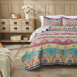 NIUDÉCOR HOME Vibrant Boho Quilt King Size Reversible Bohemian Striped Bedspread Comforter Microfiber Coverlet Bedding Set with Pillow Shams