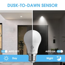 4 Pack Dusk to Dawn Light Bulbs Outdoor, 9W(60W Equivalent) 5000K Daylight Bulb, 800LM A19 E26 Automatic On/Off LED Light Bulbs, Dusk to Dawn LED Sensor Photocell Lighting for Porch Garage Patio