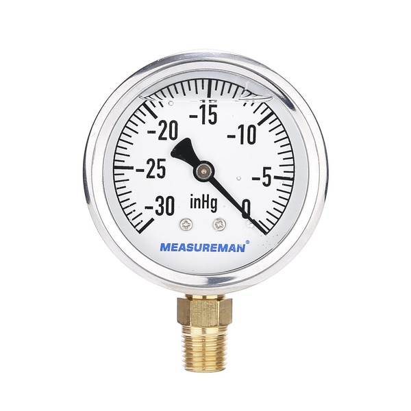 MEASUREMAN 2-1/2" Dial Size, Glycerin Filled Plumbing Pressure Gauge, 30inHg-0,