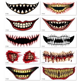 10 pcs Big Mouth Face Halloween Horror Tattoo Stickers - Waterproof & Funny Costume Party Tattoos