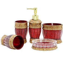 LUANT Vintage Red Bathroom Accessories, 5Piece Bathroom Accessories Set, Bathroom Set Features, Soap Dispenser, Toothbrush Holder, Tumbler & Soap Dish - Golden Glossy - Bath Gift Set