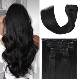 UGOTRAYS Black Hair Extensions Clip in Real Human Hair 120g 18 Inches 100% Remy Human Hair Natural Black Straight Double Weft for Full Head 7pcs 16clips One Pack