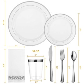350 Piece Silver Dinnerware Set 50 Guest-100 Silver Rim Plastic Plates-50 Silver Plastic Silverware-50 Silver Plastic Cups-50 Linen Like Silver Paper Napkins,FOCUSLINE Disposable Dinnerware Set