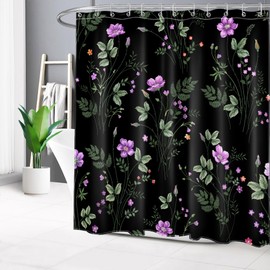 LB Rustic Wildflower Shower Curtain Green Purple Flower Botanical Print on Black Background Bathroom Decor Nature Plant Bathroom Shower Curtain with Hooks Polyester Fabric 72Lx72W Inch