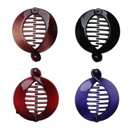 4 PCS French Small Banana Hair Clip, Plastic Non Slip Fishtail Small Cute Interlocking Flat Shark Hair Clincher, Round Ponytail Holder Hair Claw Fashion (Brown, Black, Purple and Red)