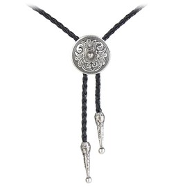 AZORA Bolo Tie for Handmade Round Flower Shape Mens Bolo Tie Silver Flower Rodeo Leather Necktie Bolo Necklace