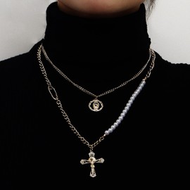 Atentuyi Layered Necklaces Gold Choker Pearl Chain Layering Chain Coin Pendant Cz Cross Necklace Flat Curb Link Chain Multilayer Collar Necklace Jewelry for Women and Girls