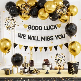 Adeyoo Going Away Party Decorations - Good Luck We Will Miss You Banner Funny Happy Retirement Decorations with Black and Gold Balloons, Triangle Flag for Farewell Goodbye Leaving Job Party Supplies