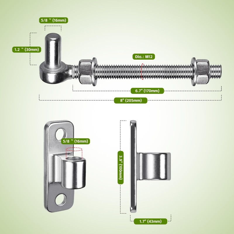 2 Pack 8'' J Bolt Gate Hinge, Heavy Duty 304