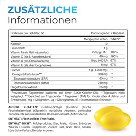 NFO OMEGA-3 KIDS [120 Kapseln] aus Fischgelatine, Hochdosiertes norwegisches Fischöl mit EPA und DHA in Triglyceridform sowie Ringelblumenextrakt, Vitamin D3, A, C und E, Für Kinder ab 4 Jahren