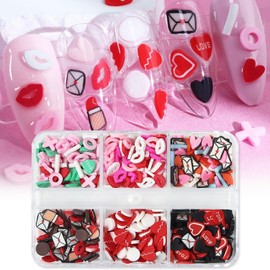 6 Grids Valentine's Day Fake Nail Art Accessories 3D Heart Lip Kiss Nail Supplies Charms Design Valentines Love Letter Lipstick Manicure Decorations Supplies for Women Girls DIY Art Manicure