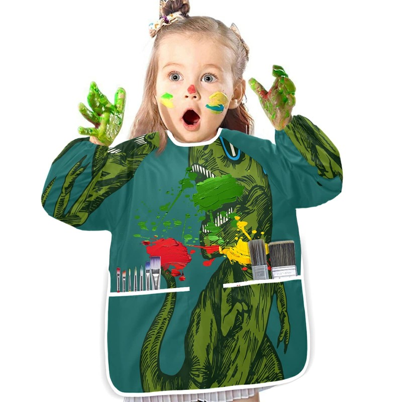 JUMBEAR Green Dinosaur Wearing Sunglasses Kids Art Smocks Children Waterproof