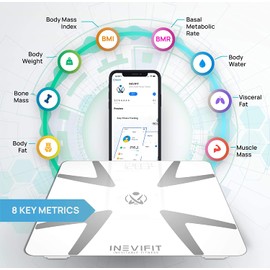 INEVIFIT Smart Body Fat Scale, Highly Accurate Bluetooth Digital Bathroom Body Composition Analyzer, Measures Weight, Body Fat, Water, Muscle, BMI, Visceral Fat & Bone Mass for Unlimited Users