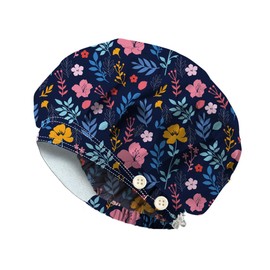 DELORIGIN Bouffant Scrub Caps with Buttons Wildflowers Cotton Nurse Scrub Hats with Sweatband Adjustable Surgical Caps Working Caps for Women Men Nursing Cooking Housework Head Cover One Size Fits All