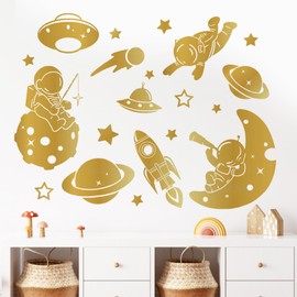 Mfault Gold Outer Space Astronaut Spacecraft Wall Decals Stickers, Galaxy Solar System Planet Nursery Decorations Kids Boys Bedroom Art, Rocket Cosmonaut Spaceship Moon Stars Playroom Decor