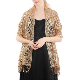 Gold Sequin Shawl Women Elegant Evening Wrap Tassels Mesh Dressy Cape Formal Elegant Wedding Cocktail Party Sparkly Stole