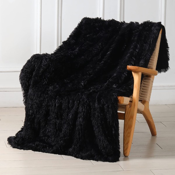 Tuddrom Decorative Extra Soft Faux Fur Blanket Queen Size 80" x 90",Solid Reversible Fuzzy Long Hair Shaggy Blanket,Fluffy Cozy Plush Fleece Comfy Microfiber Fur Blanket for Couch Sofa Bed,Black