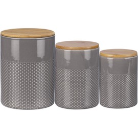 PBK Farmhouse Syle Set of 3 Gray Glaze Design Stoneware Canisters With Wooden Lids