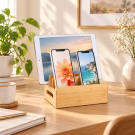 Bamboo Charging Station Organizer for Phones and Tablets – Multi-Device Stand with Cable Management for Desks and Nightstands